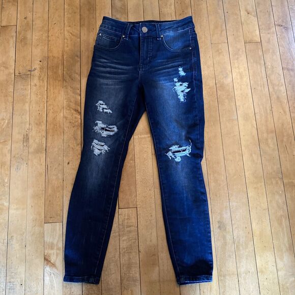 Maurices Everflex High Rise Jeans Women’s Size 0 X-Short Dark Wash Distressed - Picture 1 of 10